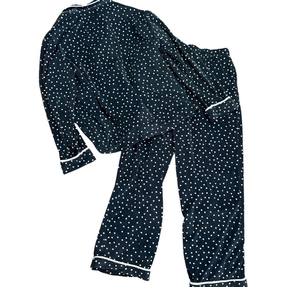 Anne Klein Pajama Set Women Medium Black Polka Dot Velour Button Up - Picture 2 of 5